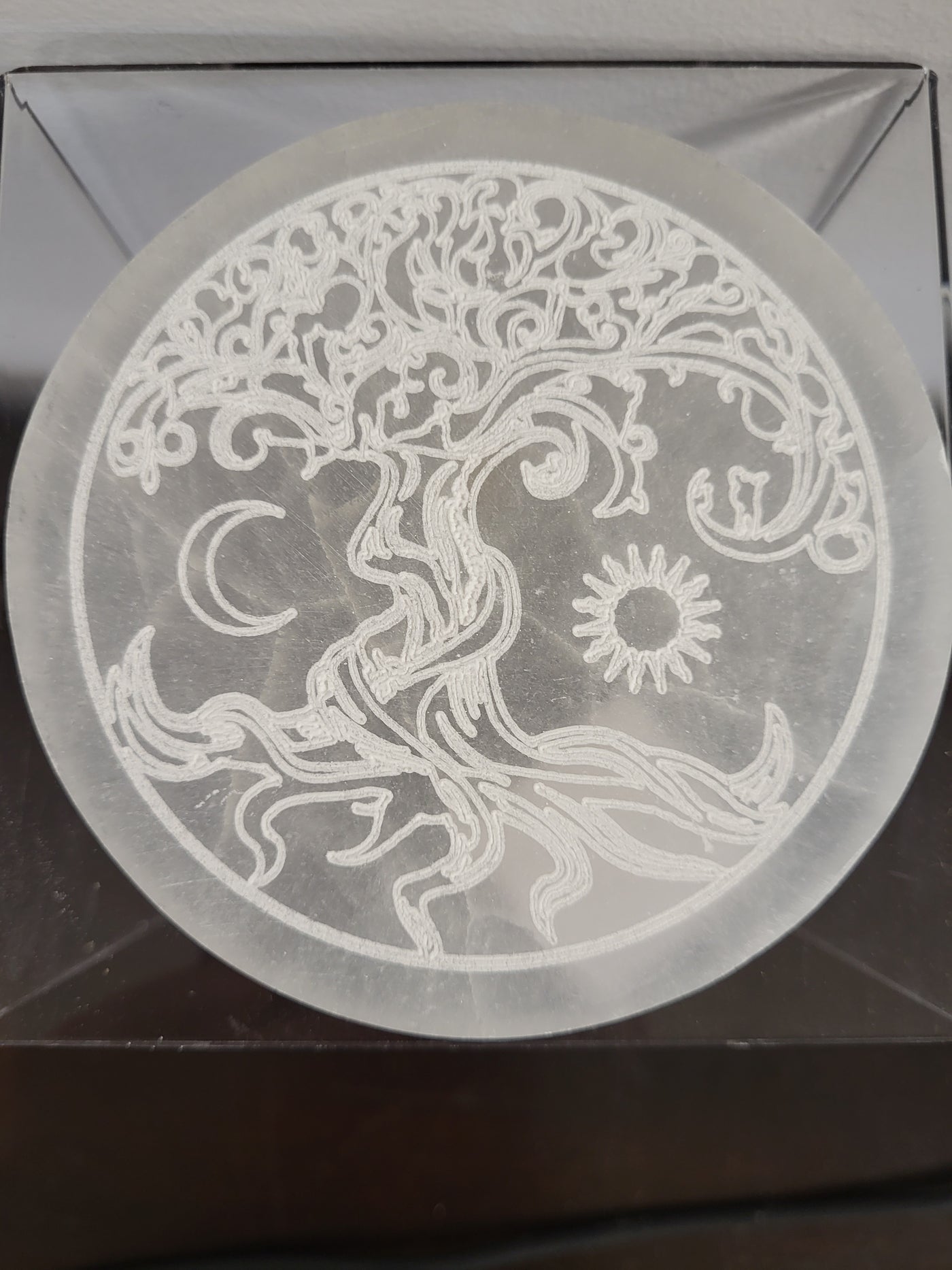 Tree of Life Engraved Selenite Disc 4"