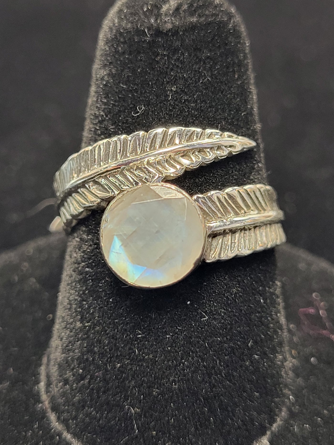 Rainbow Moonstone Feather Ring Sterling Silver Size 7