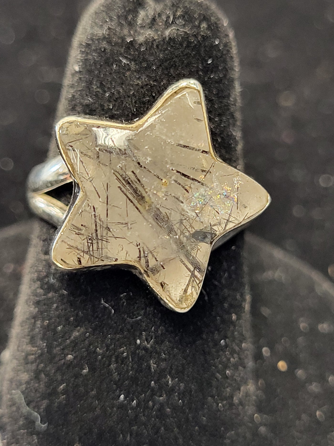 Tourmalinated Quartz Star Ring Sterling Silver Size 6.5