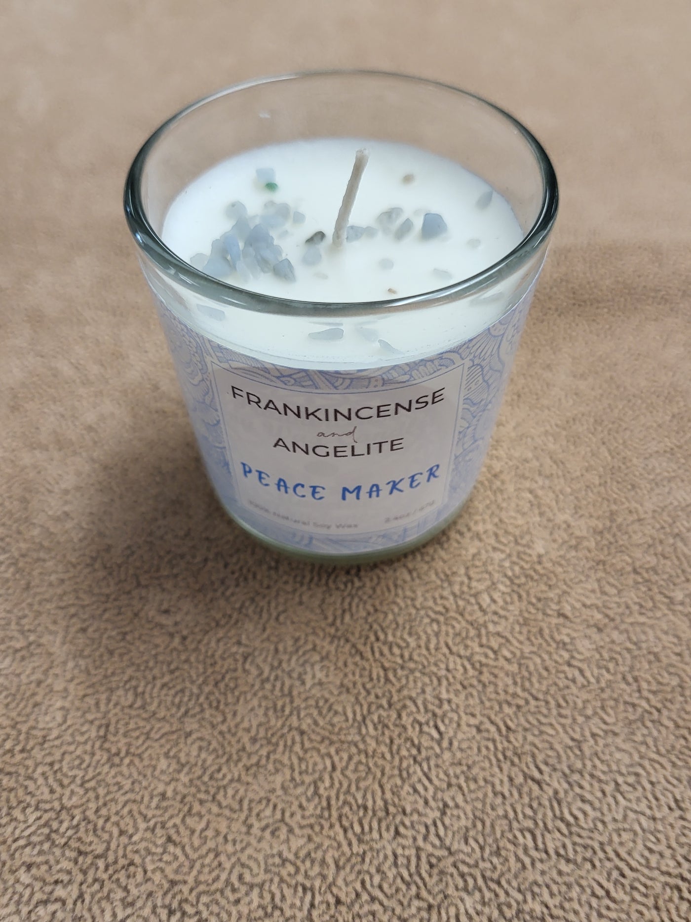 Frankincense+Angelite Natural Crystals = Peace Maker - Votive in Glass Soy Wax Candle