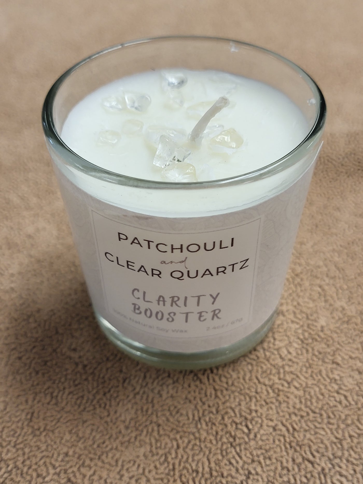 Patchouli + Clear Quartz Natural Crystal = Clarity Booster - Votive in Glass Soy Wax Candle
