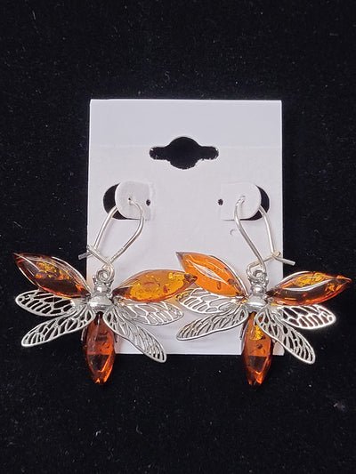 Amber Dragonfly Dangle Earring Lever Back Sterling Silver 1.25"wide