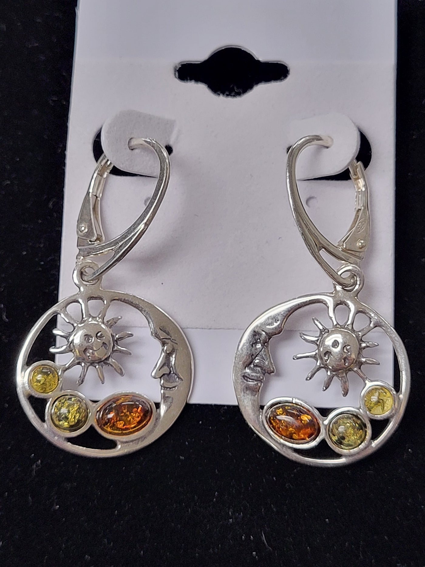 Sun & Moon w/Tri Amber Stars Dangle Earring Sterling Silver