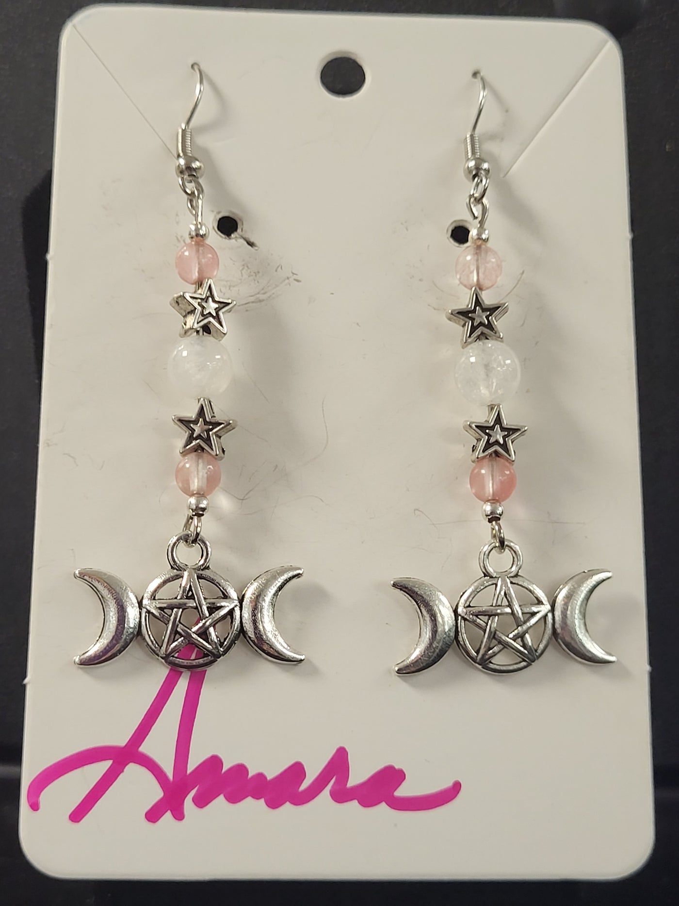 Rose & Clear Quartz w/Triple Moon Goddess Pentagram Earrings