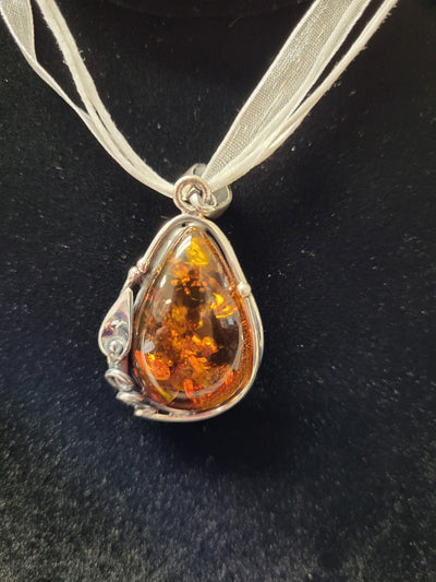 Amber Pendant Sterling Silver 1.5"L