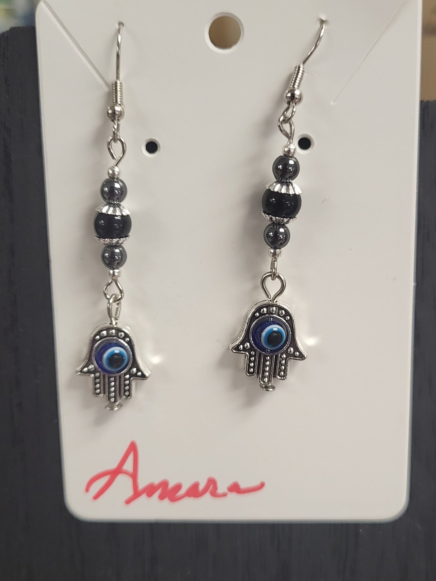 Black Obsidian & Hematite w/Hand of Fatima Earrings