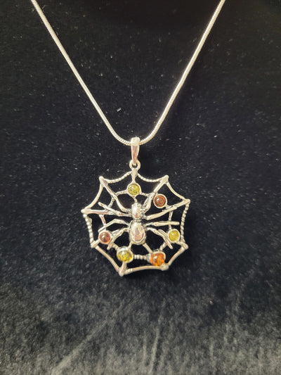 Spider & Web Pendant w/Multi Colored Amber - Sterling Silver