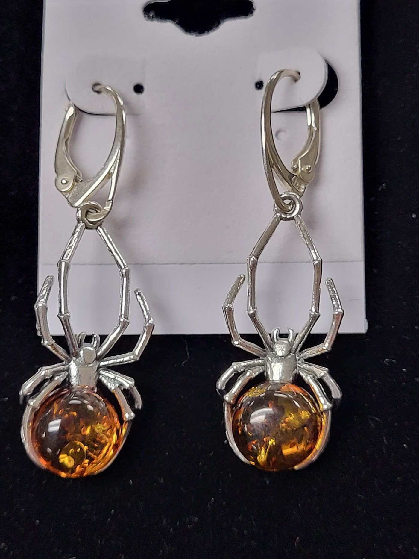 Amber Spider Sterling Silver Earrings