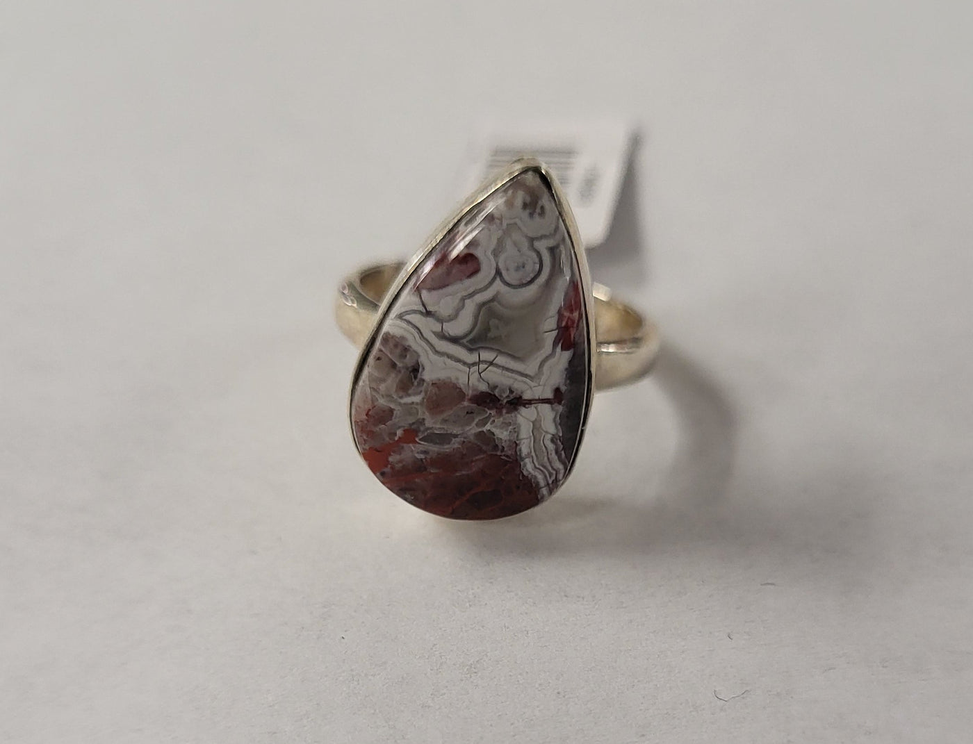8-Crazy Lace Agate Tear Drop Shaped Sterling Silver Ring Size 8