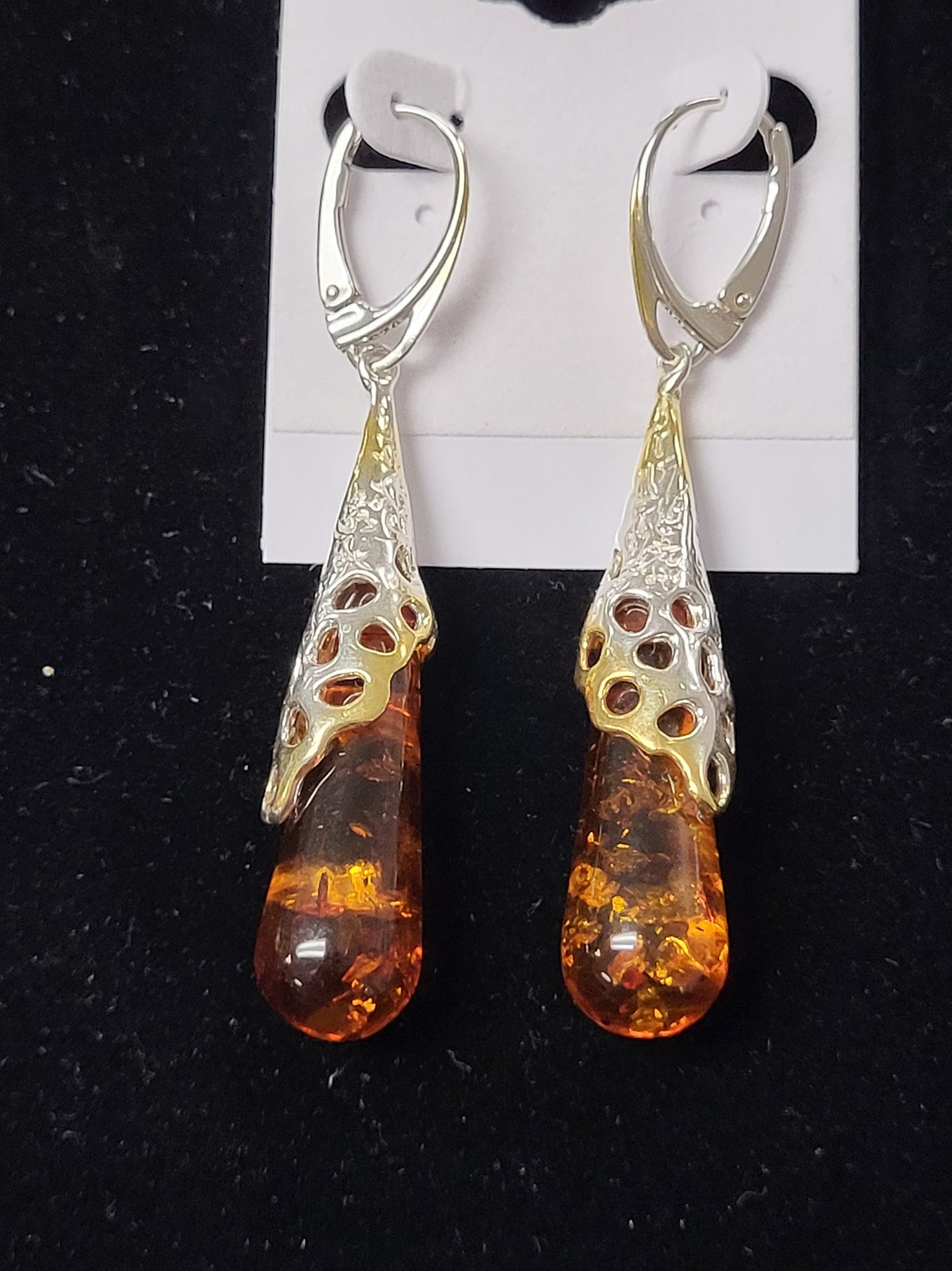 Amber Teardrop Sterling Silver Earrings - Dangle