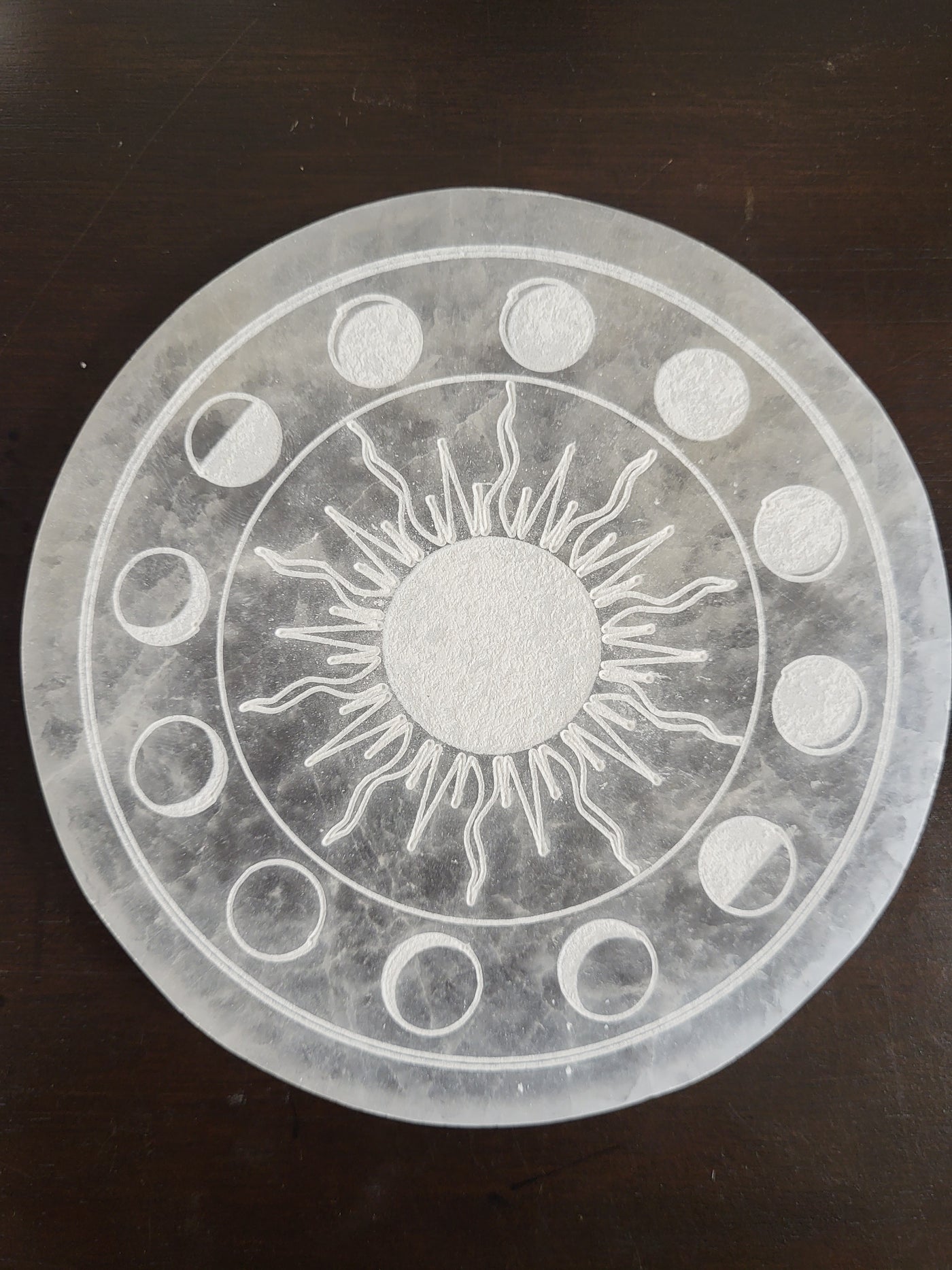 Sun & Moon Phase Engraved Selenite Disc 5.35"