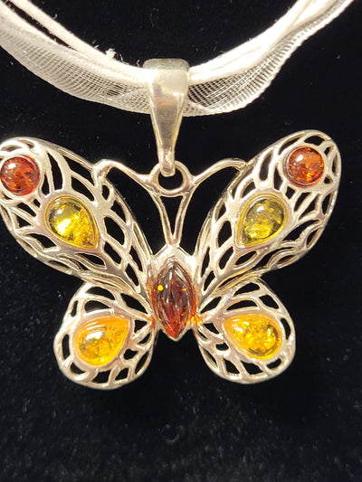 Butterfly Pendant w/Intricate Lace & Amber - Sterling Silver