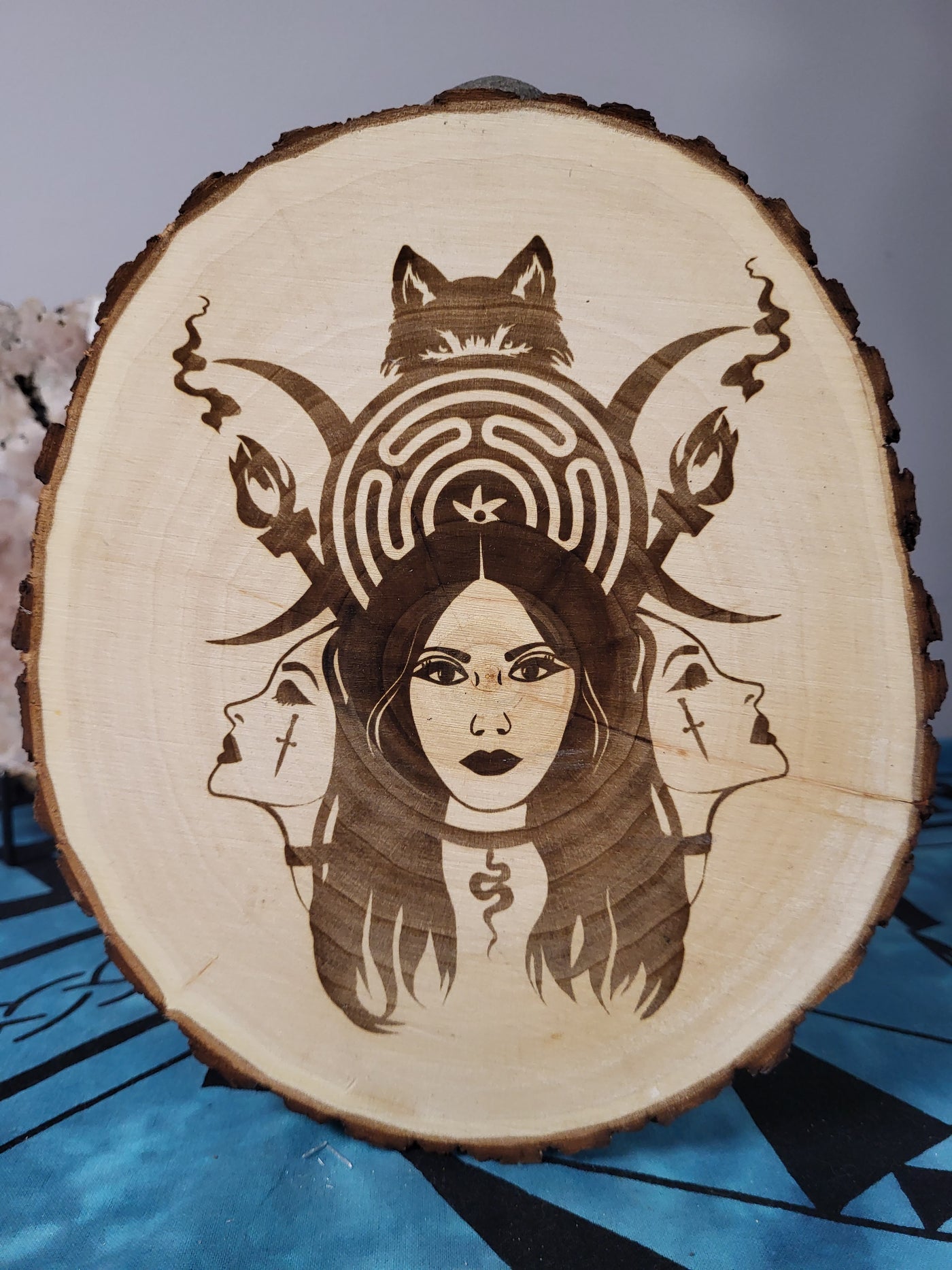 Hectate Symbology Etched Natural Edge Wood Handcrafted Locally by Cassie