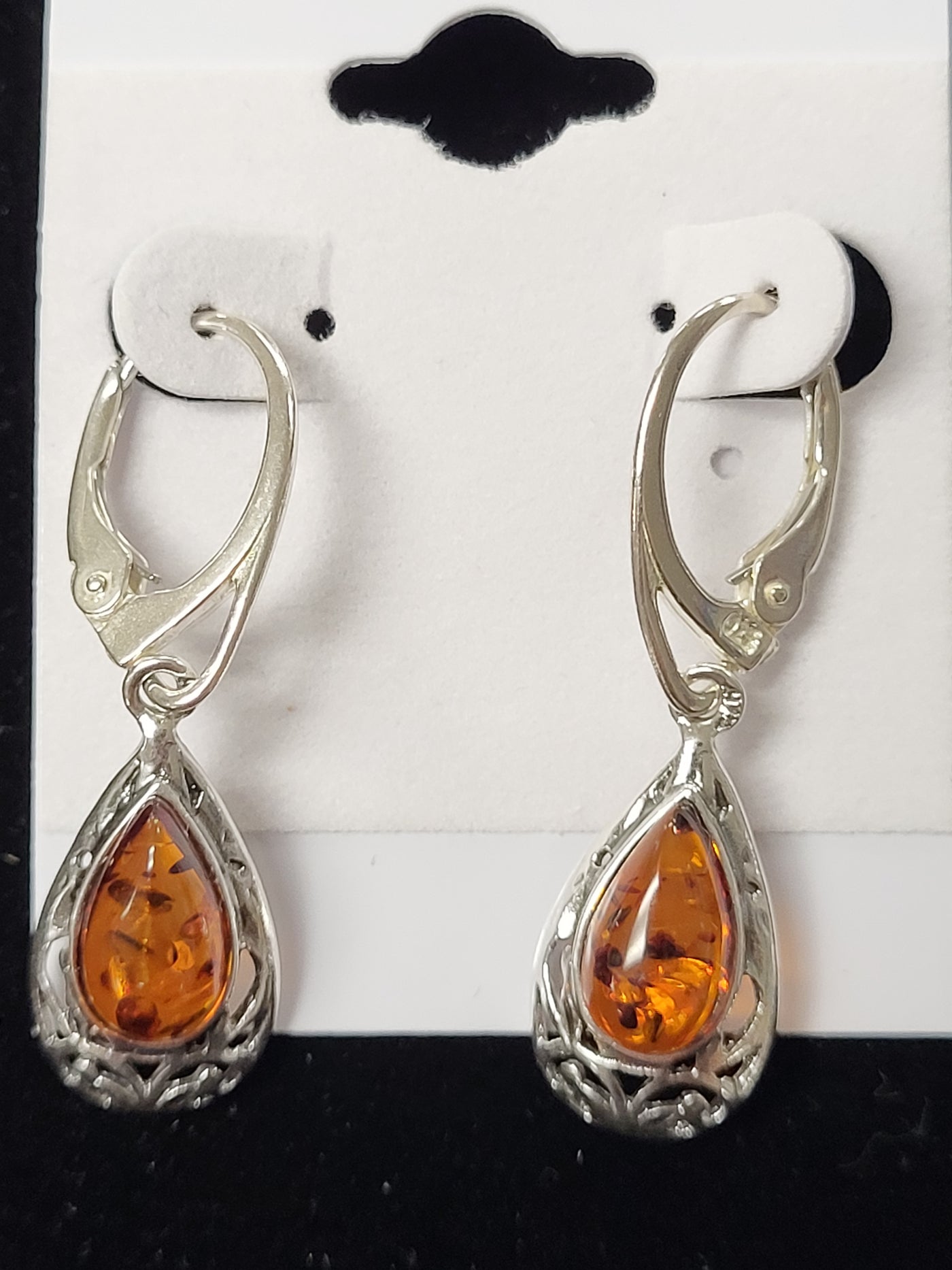 Amber Pear Shape Sterling Silver Earrings - Dangle