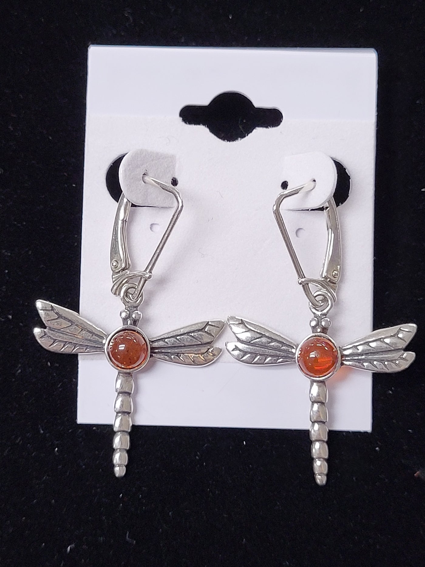 Dragonfly w/Amber Dangle Earring Lever Back Sterling Silver