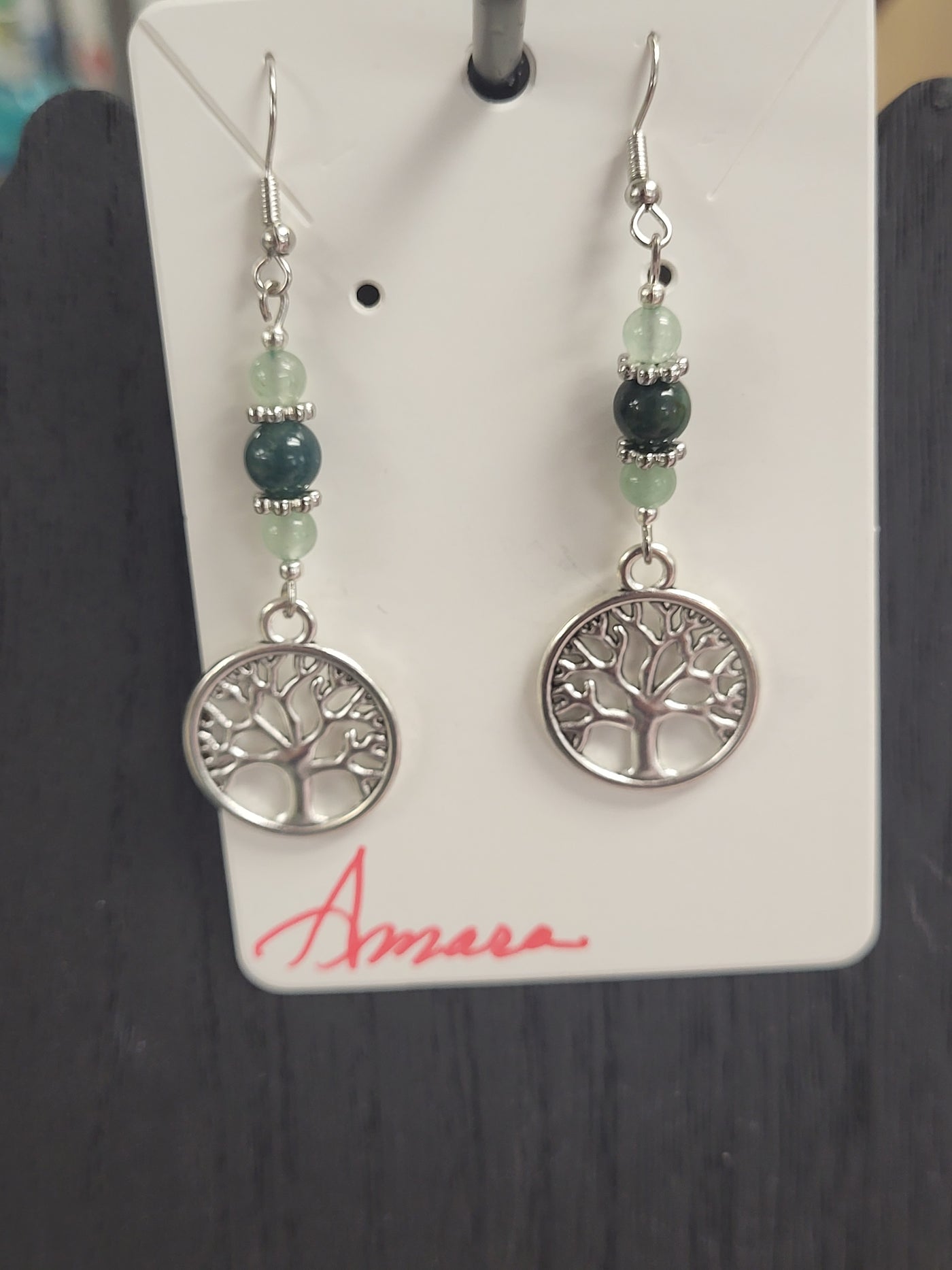 Green Aventurine & Moss Agate w/Silvertone Tree of Life Earrings