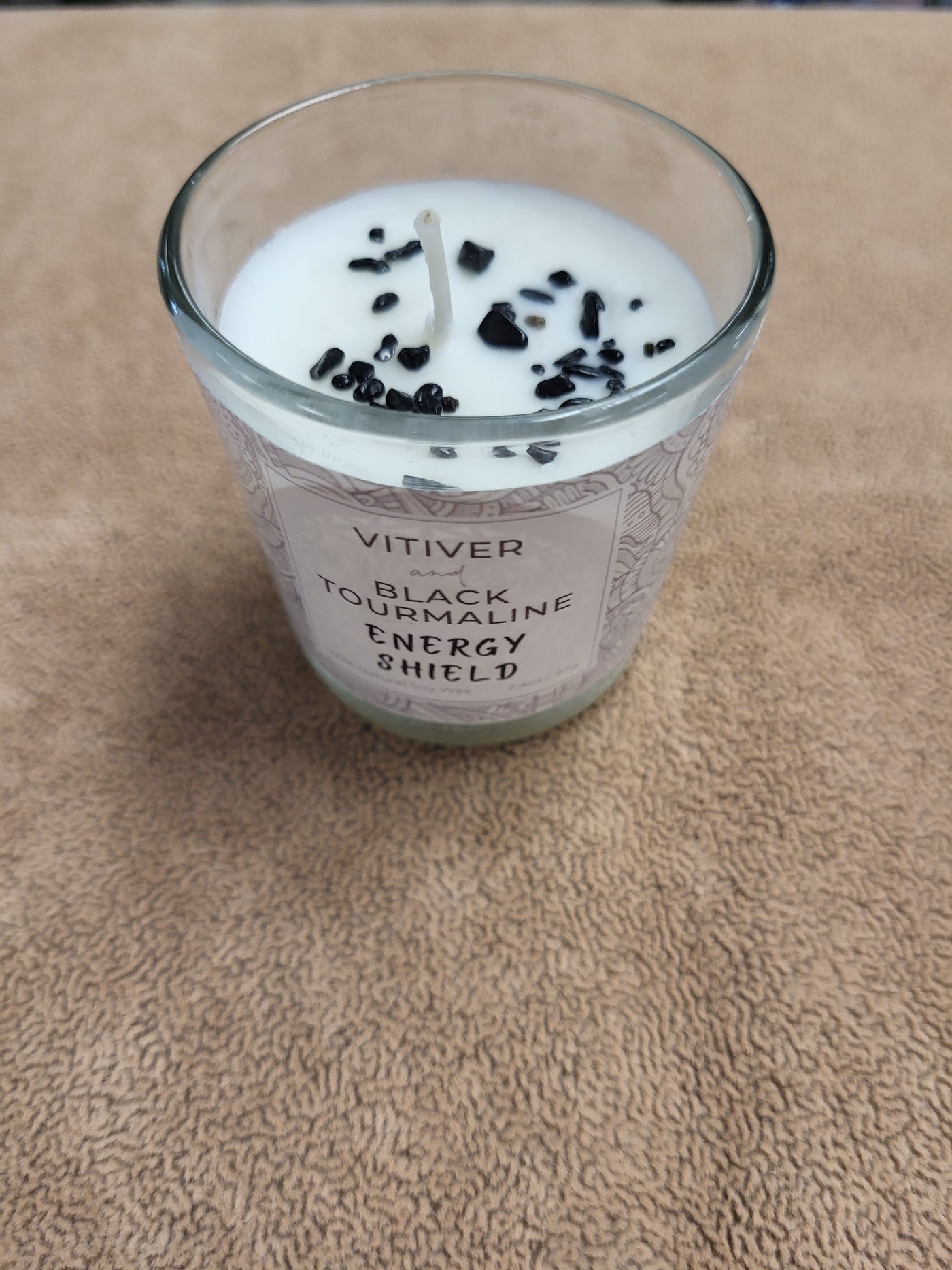 Vetiver+Black Tourmaline Natural Crystals = Energy Shield - Votive in Glass Soy Wax Candle