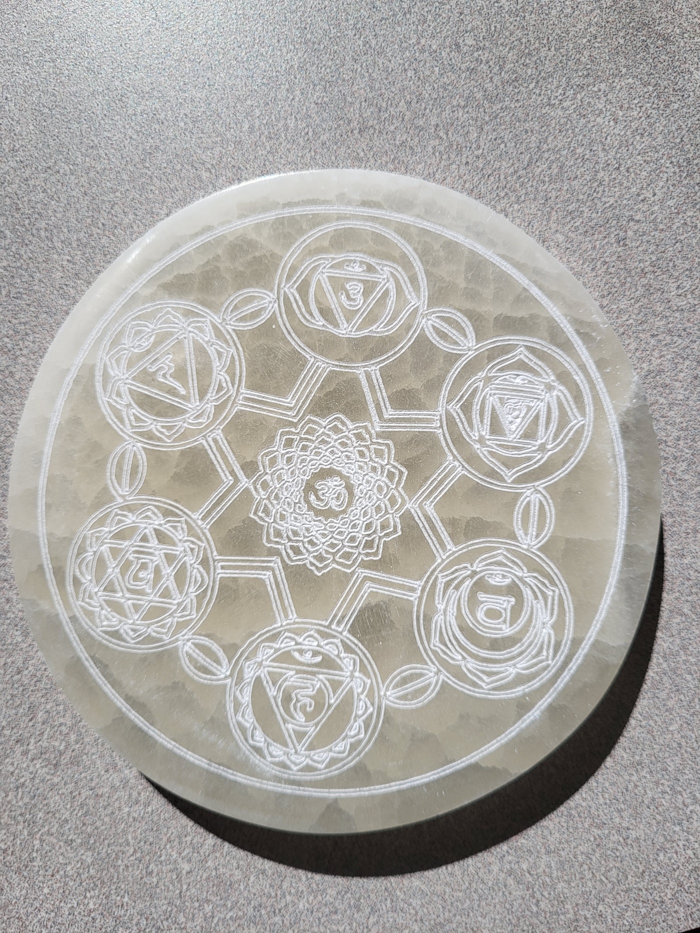 Chakra Engraved Selenite Disc 5.35"