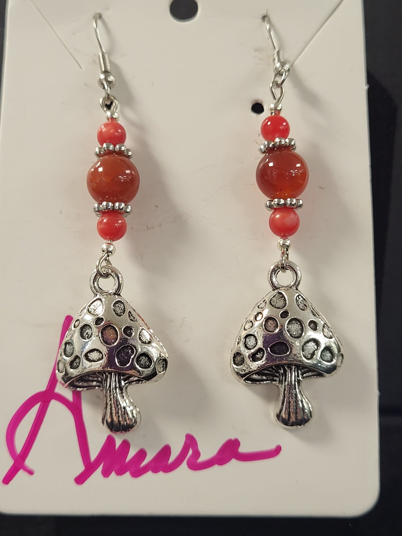 Carnelian & Red Coral w/Mushroom charm Earrings