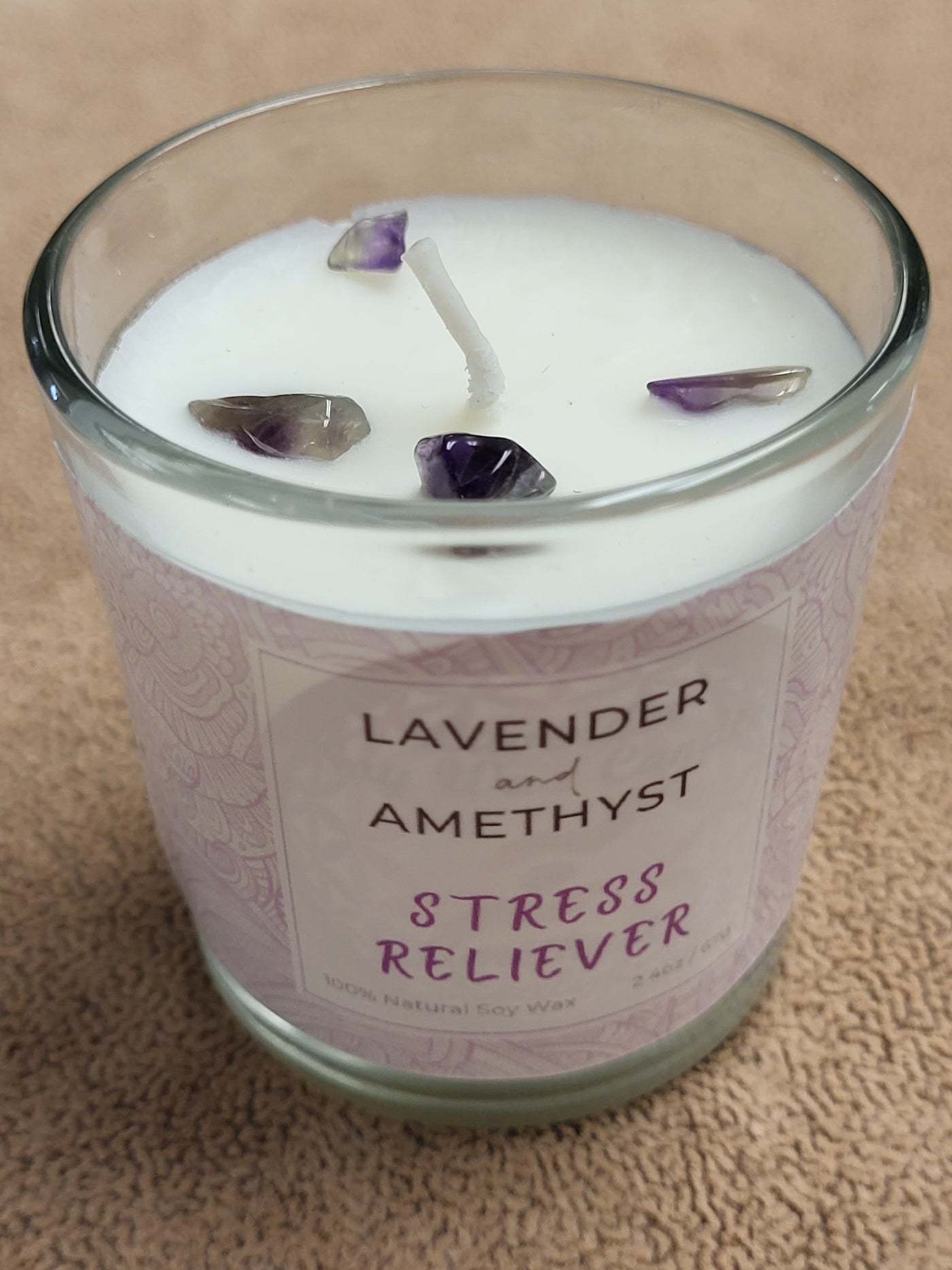 Lavender+Amethyst Natural Crystals = Stress Reliever - Votive in Glass Soy Wax Candle
