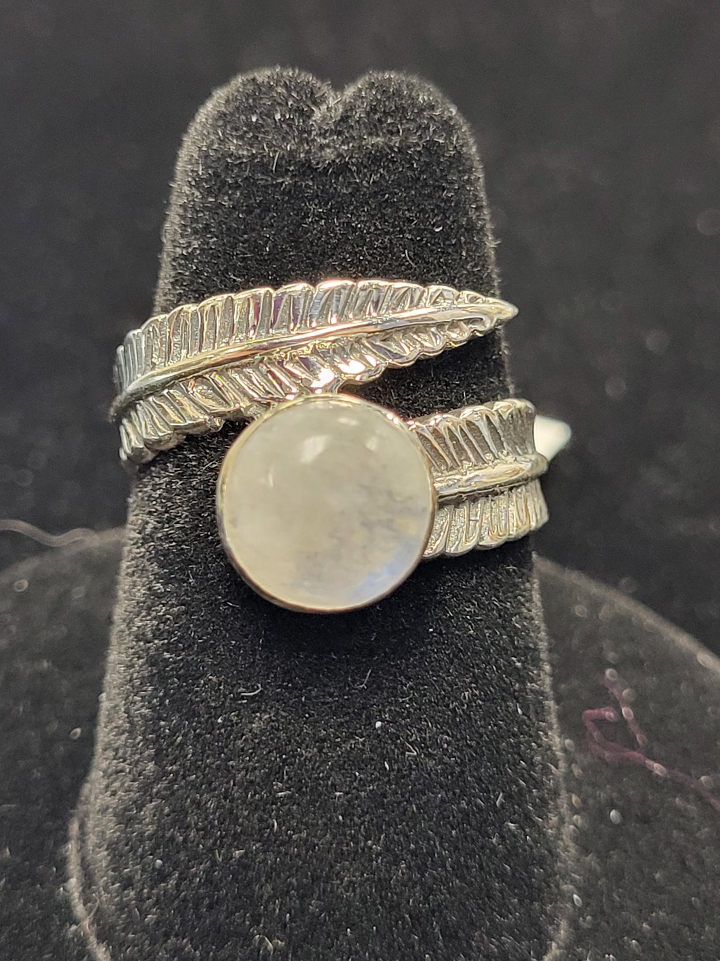 Rainbow Moonstone Feather Ring Sterling Silver Size 6