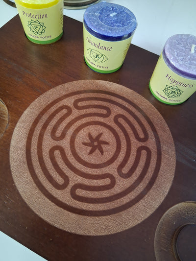Wheel Hecate Altar/Candle/ Drink Board Etched Wood Handcrafted Locally by Cassie