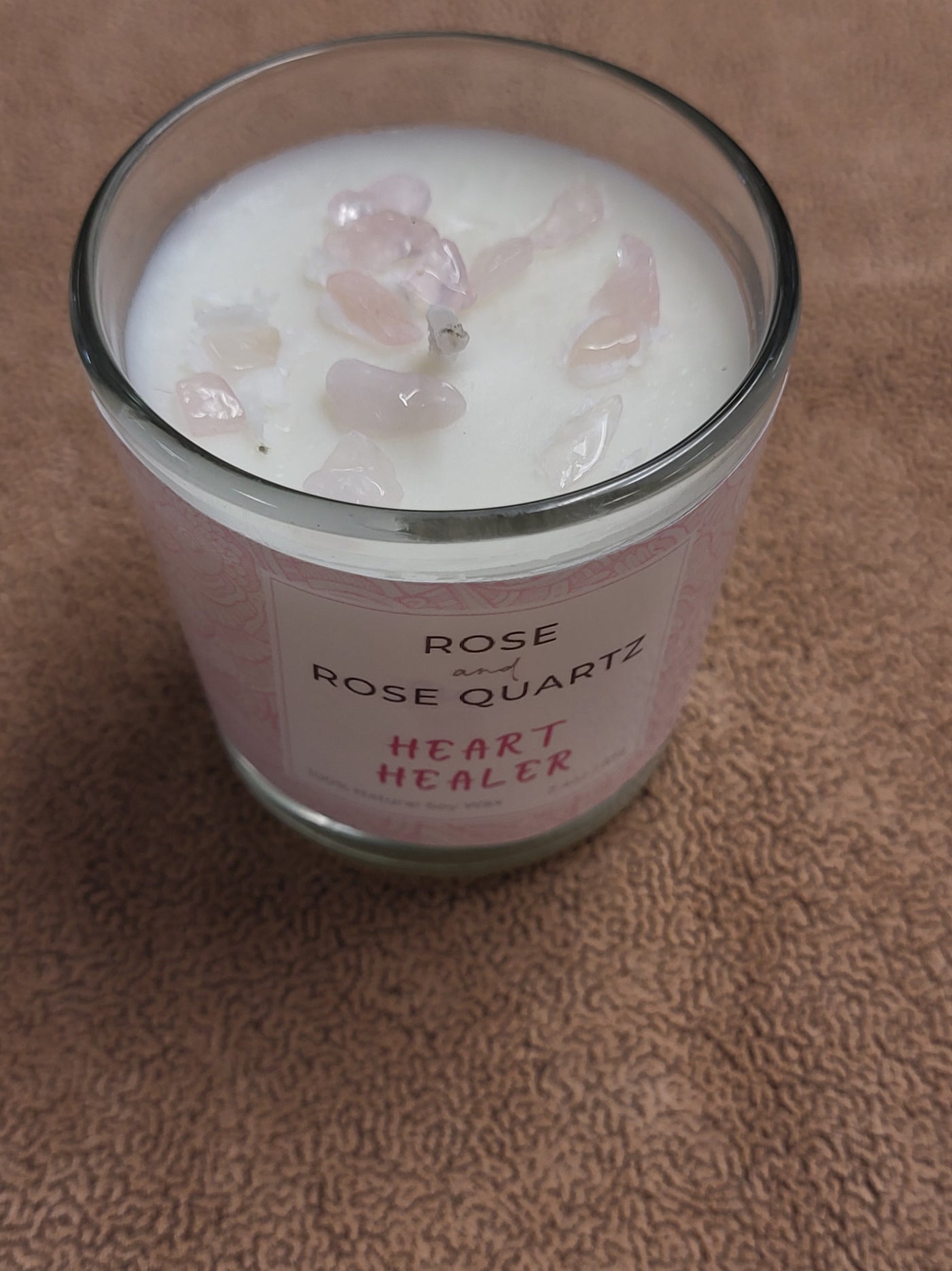 Rose+Rose Quartz Natural Crystals = Heart Healer - Votive in Glass Soy Wax Candle
