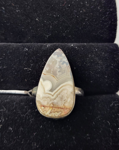 7-Crazy Lace Agate Tear Drop Shaped Sterling Silver Ring Size 7