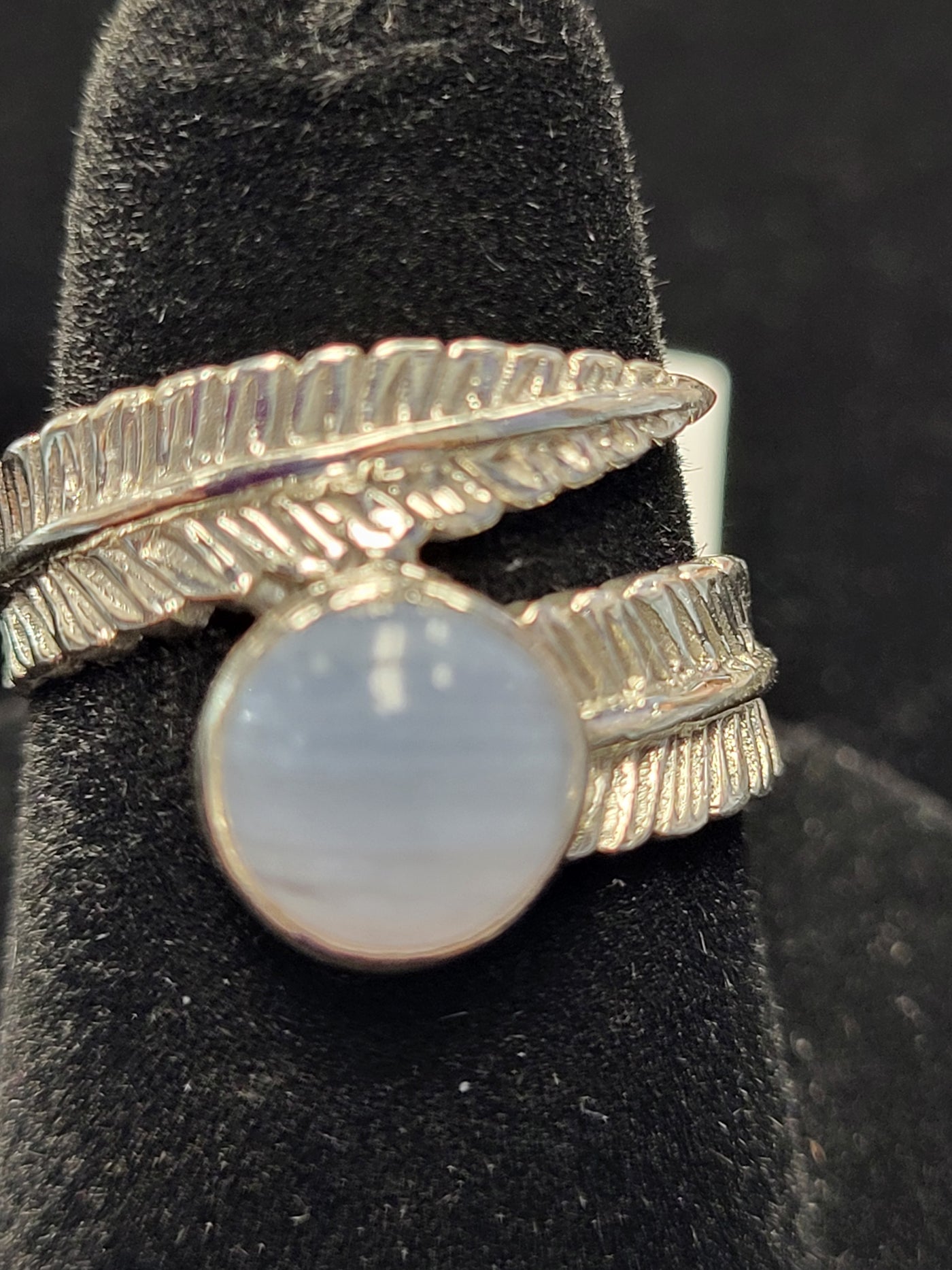 Blue Lace Agate Feather Ring Sterling Silver Size 7