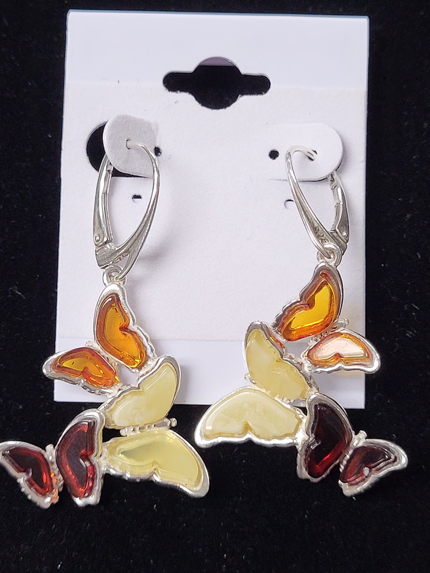 Triple Amber Butterflies Sterling Silver Earrings - Dangle