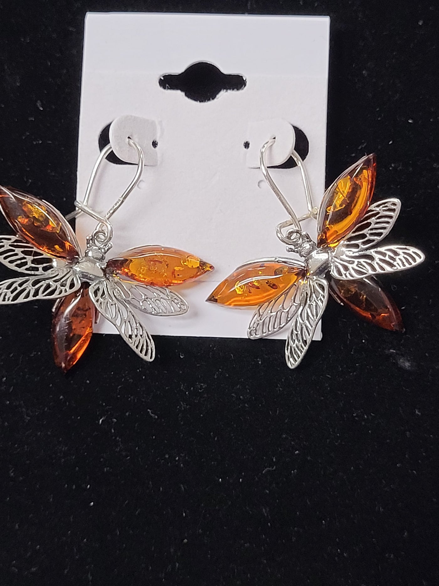 Amber Dragonfly Dangle Earring Lever Back Sterling Silver 1.25"wide