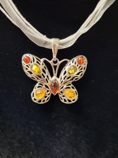 Butterfly Pendant w/Intricate Lace & Amber - Sterling Silver