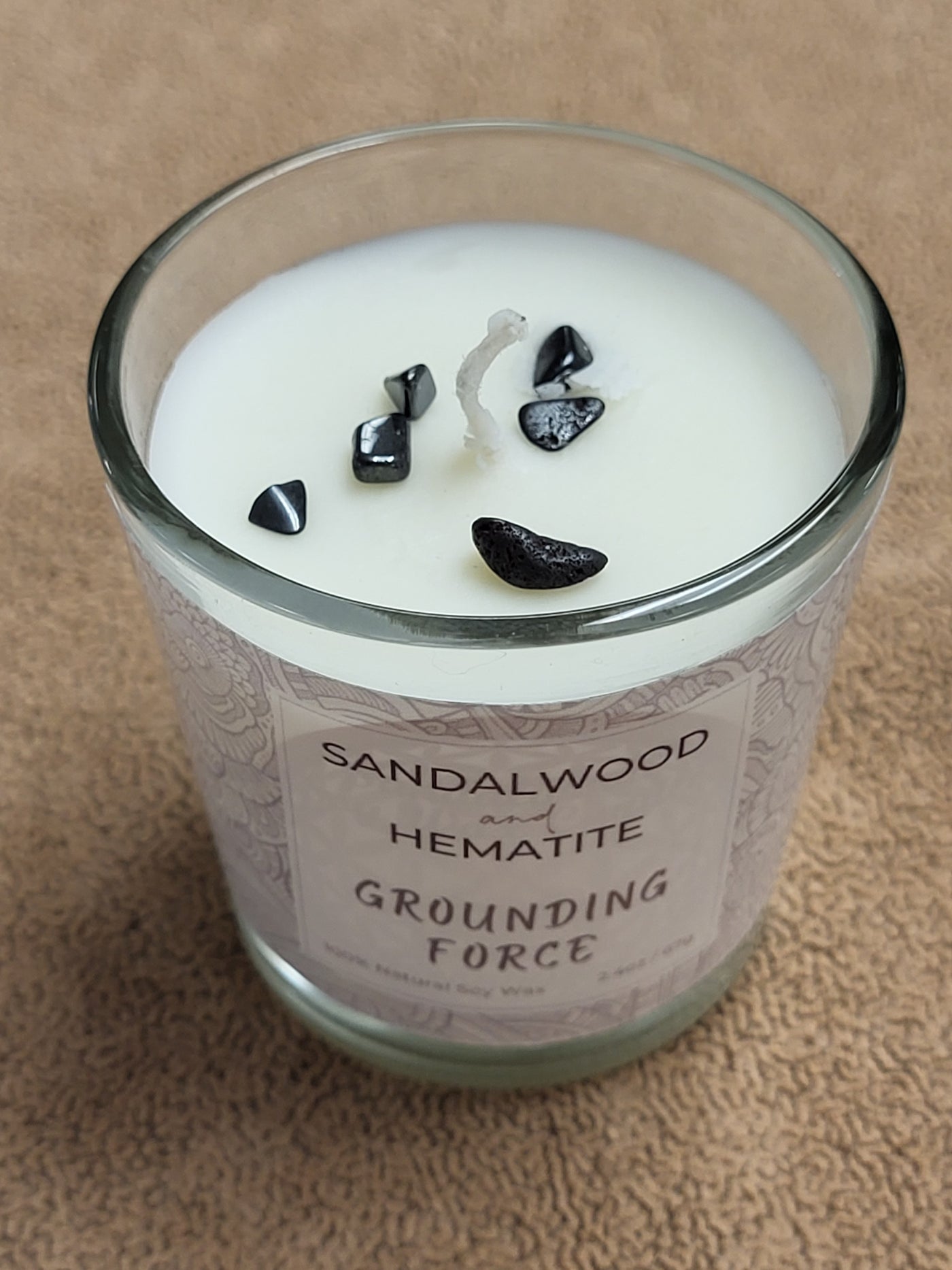 Sandalwood + Hematite Natural Crystal = Grounding Force - Votive in Glass Soy Wax Candle