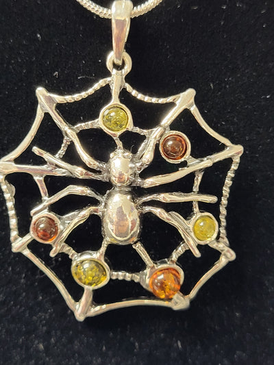 Spider & Web Pendant w/Multi Colored Amber - Sterling Silver