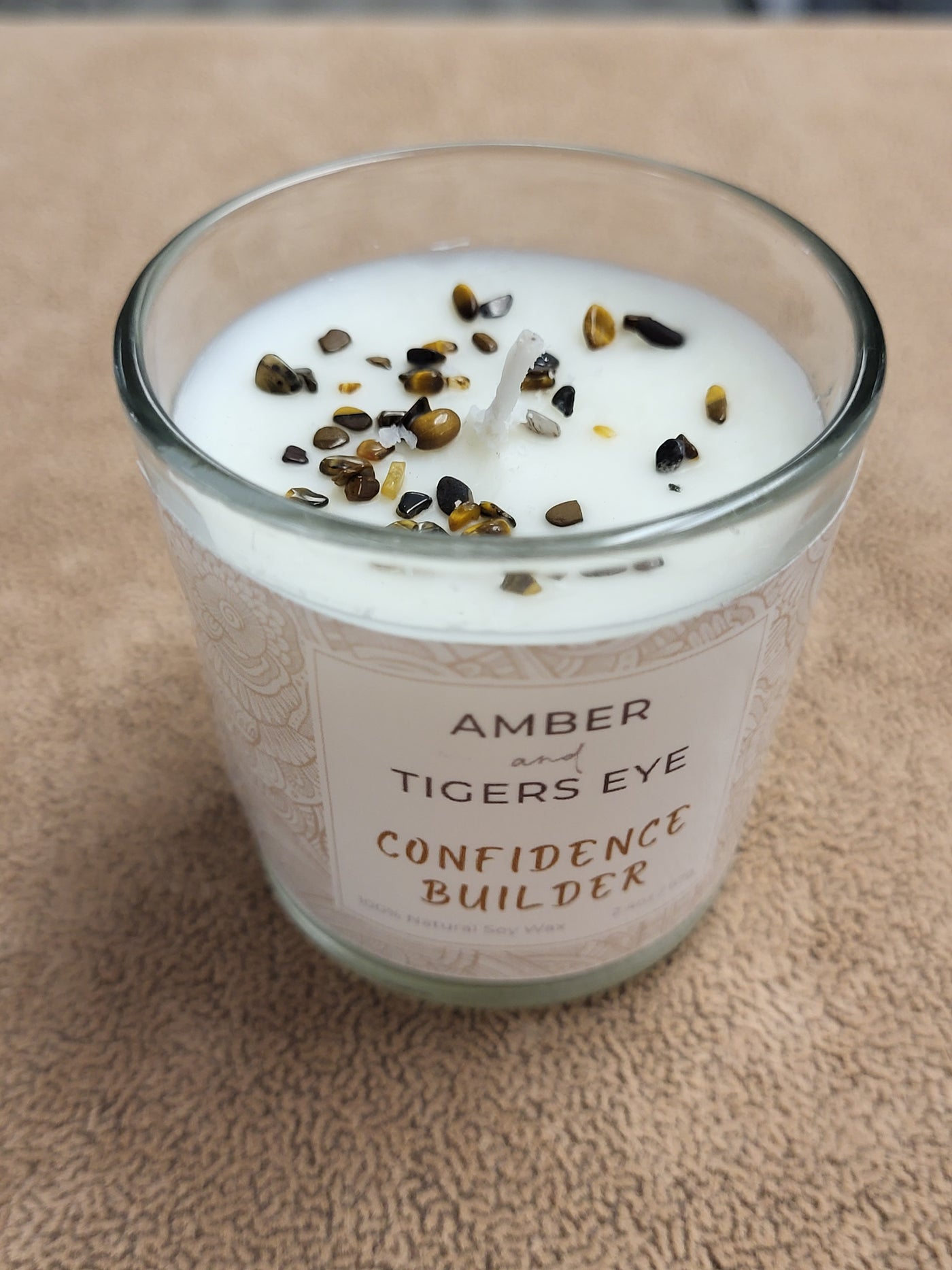 Amber + Tigers Eye Natural Crystal = Confidence Builder - Votive in Glass Soy Wax Candle