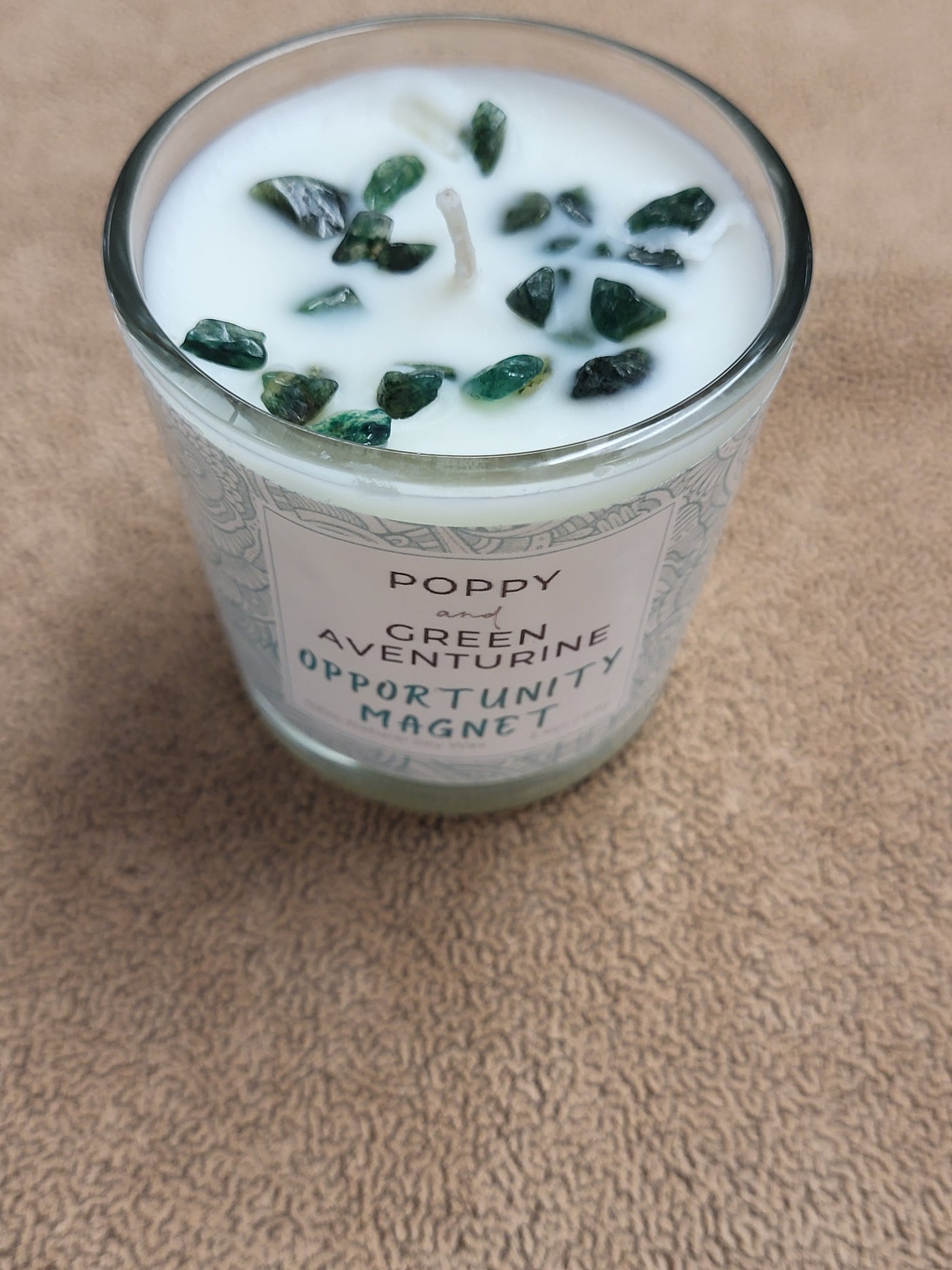 Poppy+Green Aventurine Natural Crystals = Opportunity Magnet - Votive in Glass Soy Wax Candle