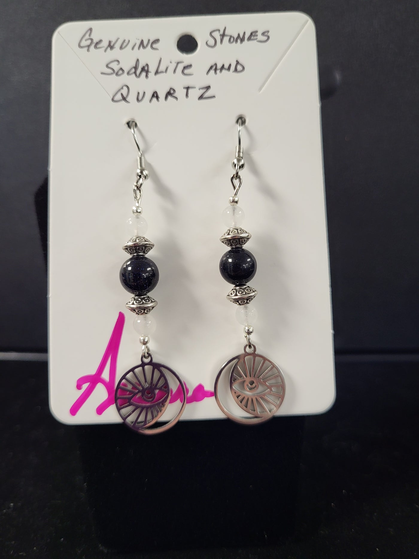 Sodalite & Quartz Round Moon/Evil Eye Silvertone Earrings