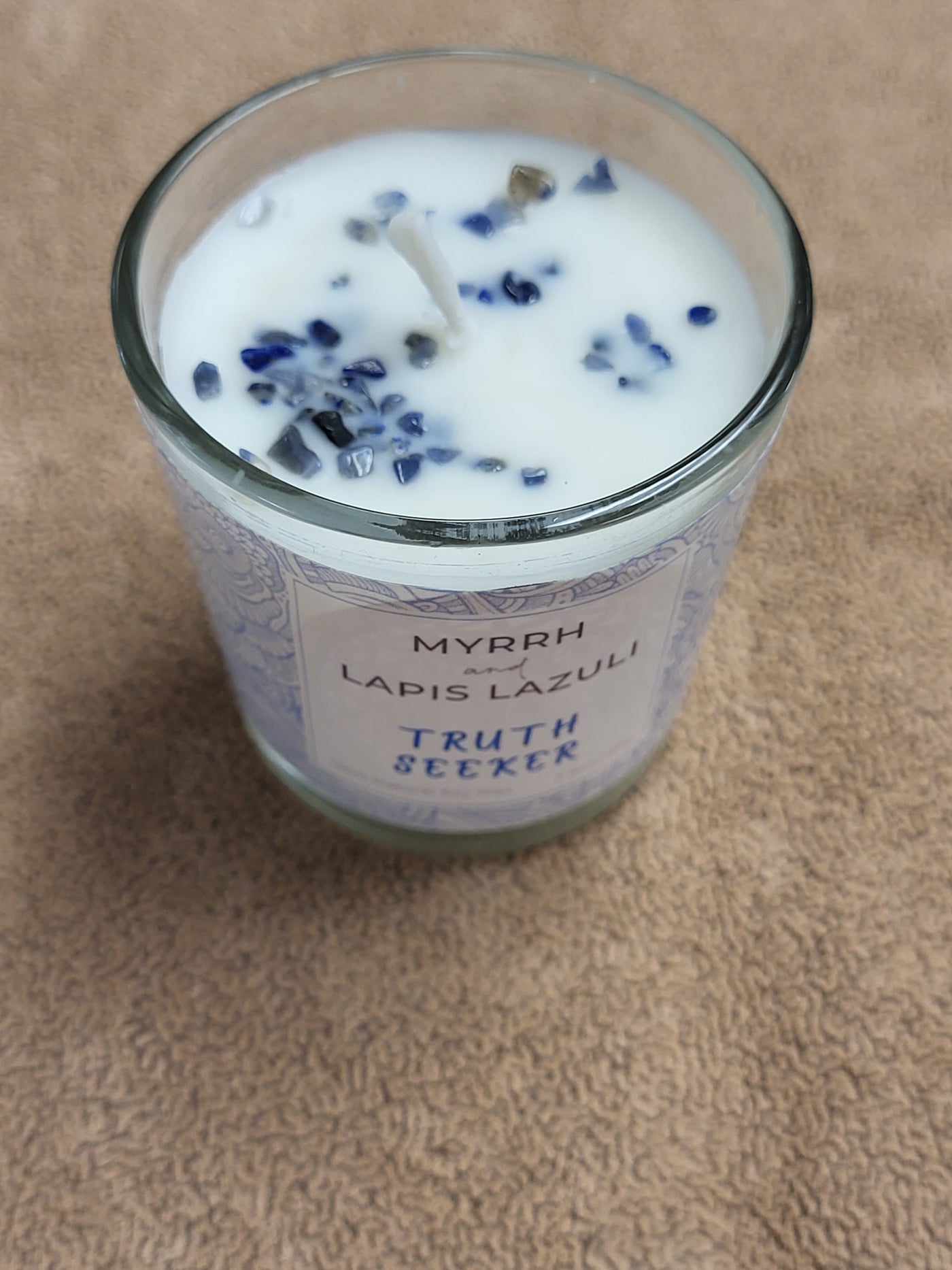 Myrrh+Lapis Lazuli Natural Crystals = Truth Seeker - Votive in Glass Soy Wax Candle