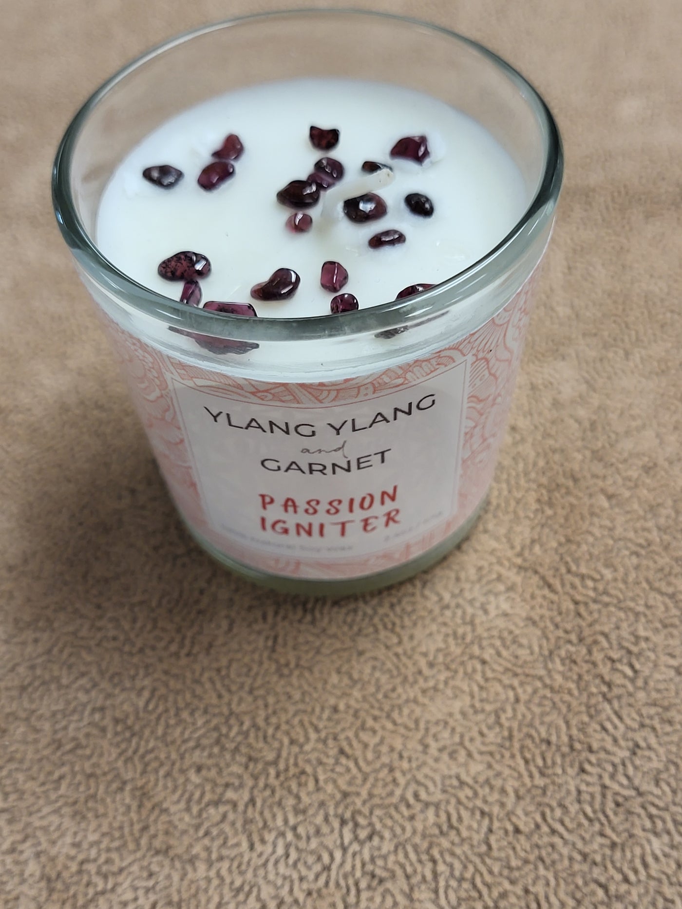 Ylang Ylang+Garnet Natural Crystals = Passion Igniter - Votive in Glass Soy Wax Candle