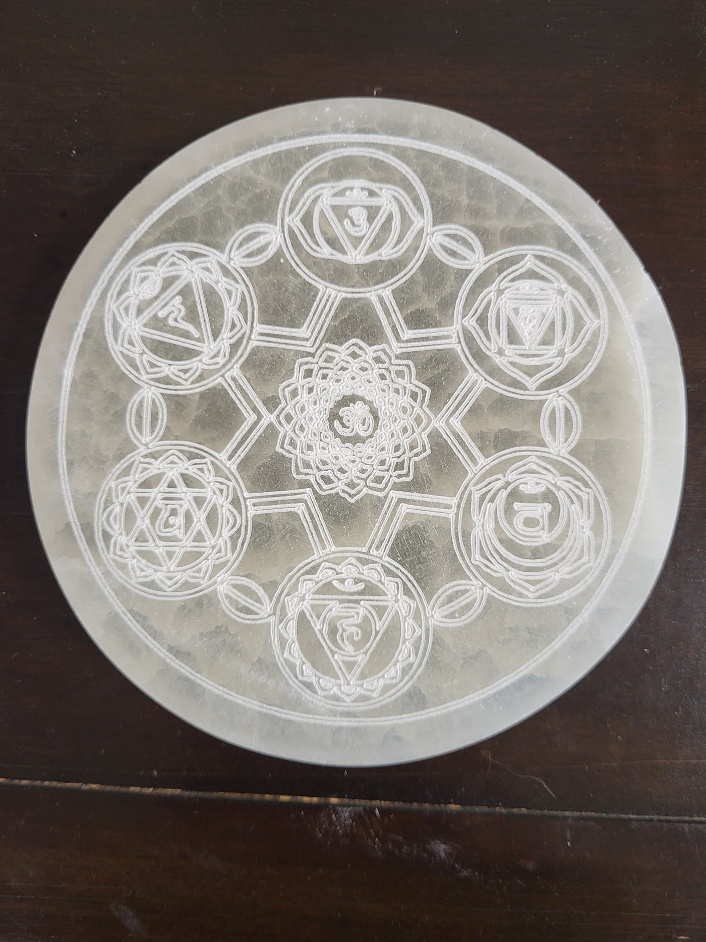 Chakra Engraved Selenite Disc 5.35"