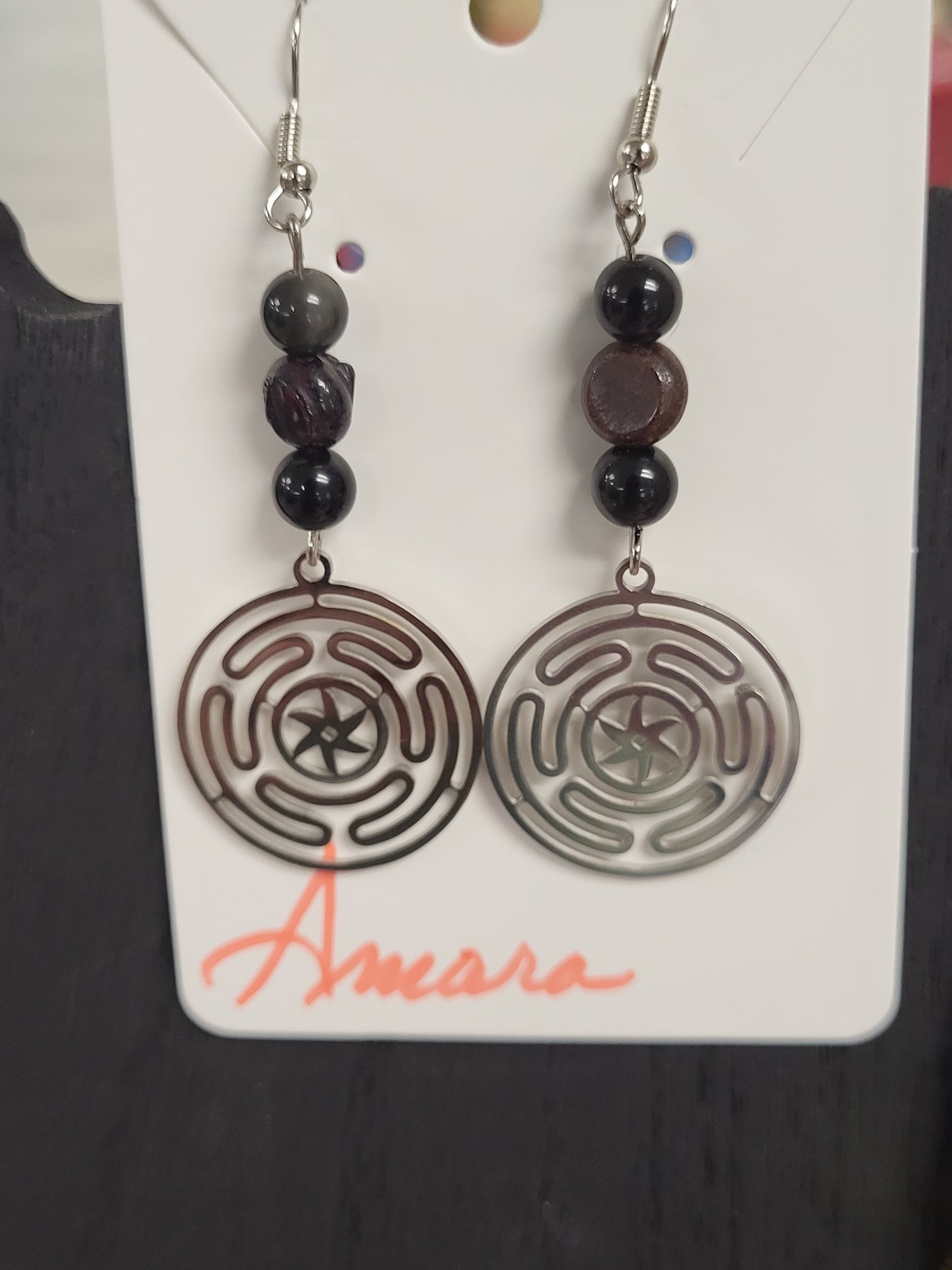 Garnet and Black Obsidian Hecate Wheel Charm Silvertone Earrings