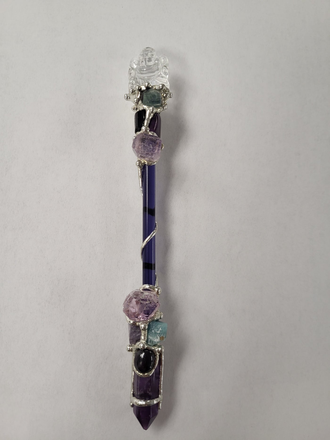 Ganesh Crystal Wand - Medium Charoite Amethyst Black Obsidian Kunzite Fluorite
