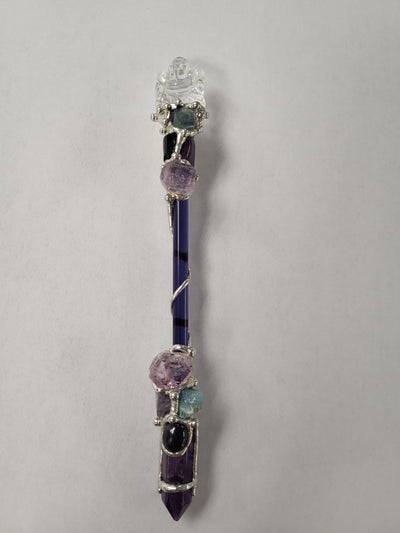 Ganesh Crystal Wand - Medium Charoite Amethyst Black Obsidian Kunzite Fluorite
