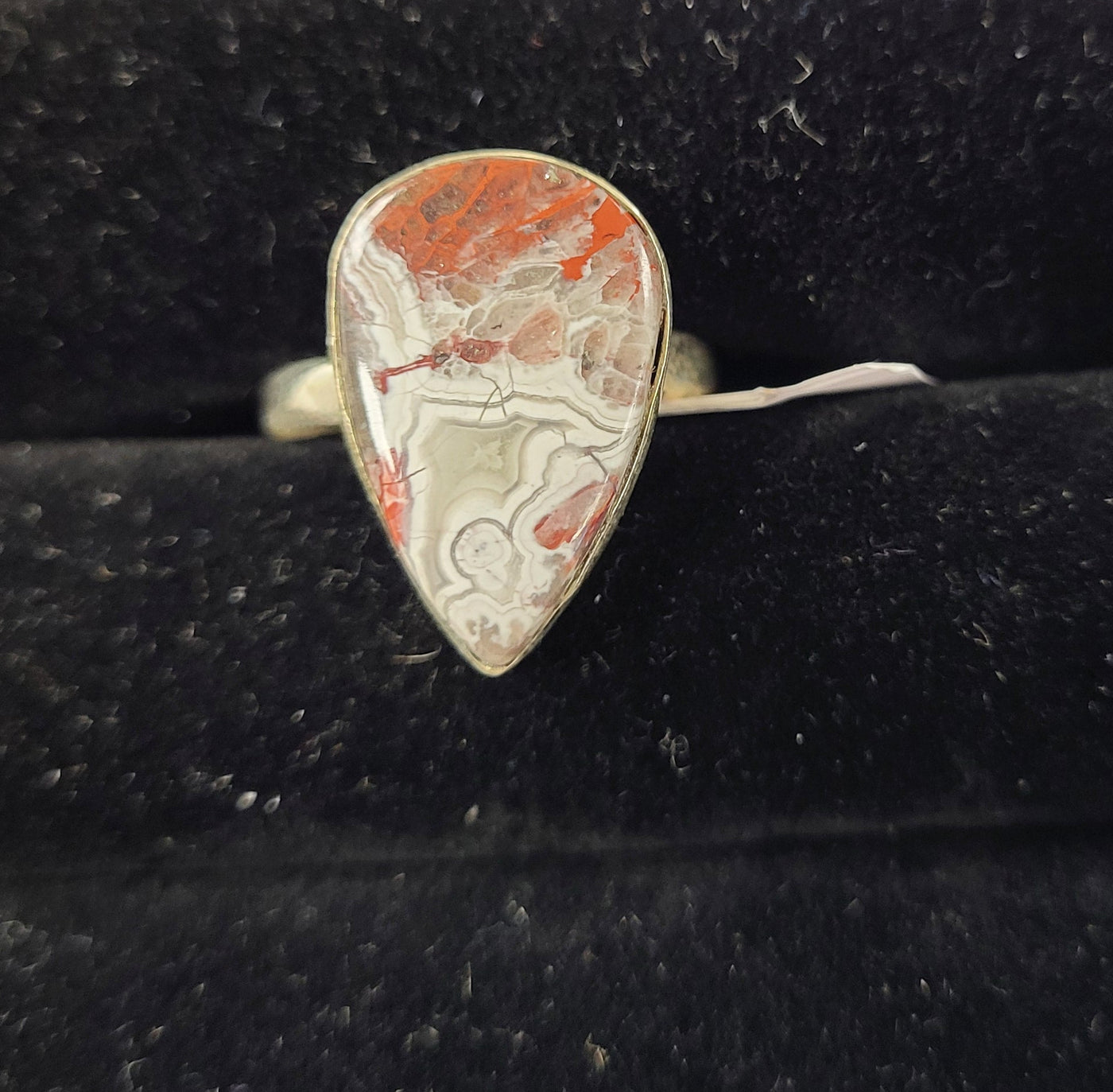 8-Crazy Lace Agate Tear Drop Shaped Sterling Silver Ring Size 8