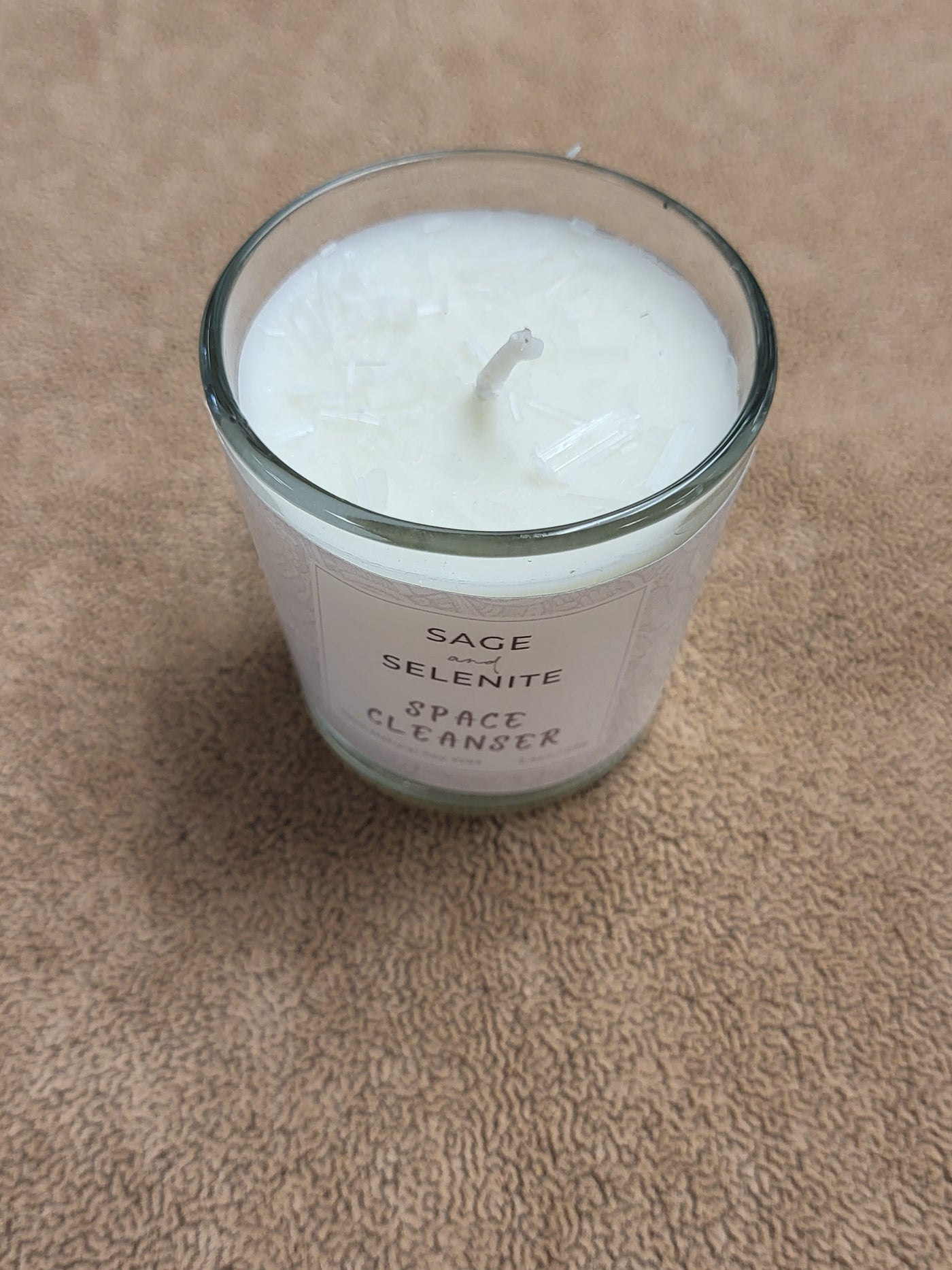 Sage+Selenite Natural Crystals = Space Cleanser - Votive in Glass Soy Wax Candle