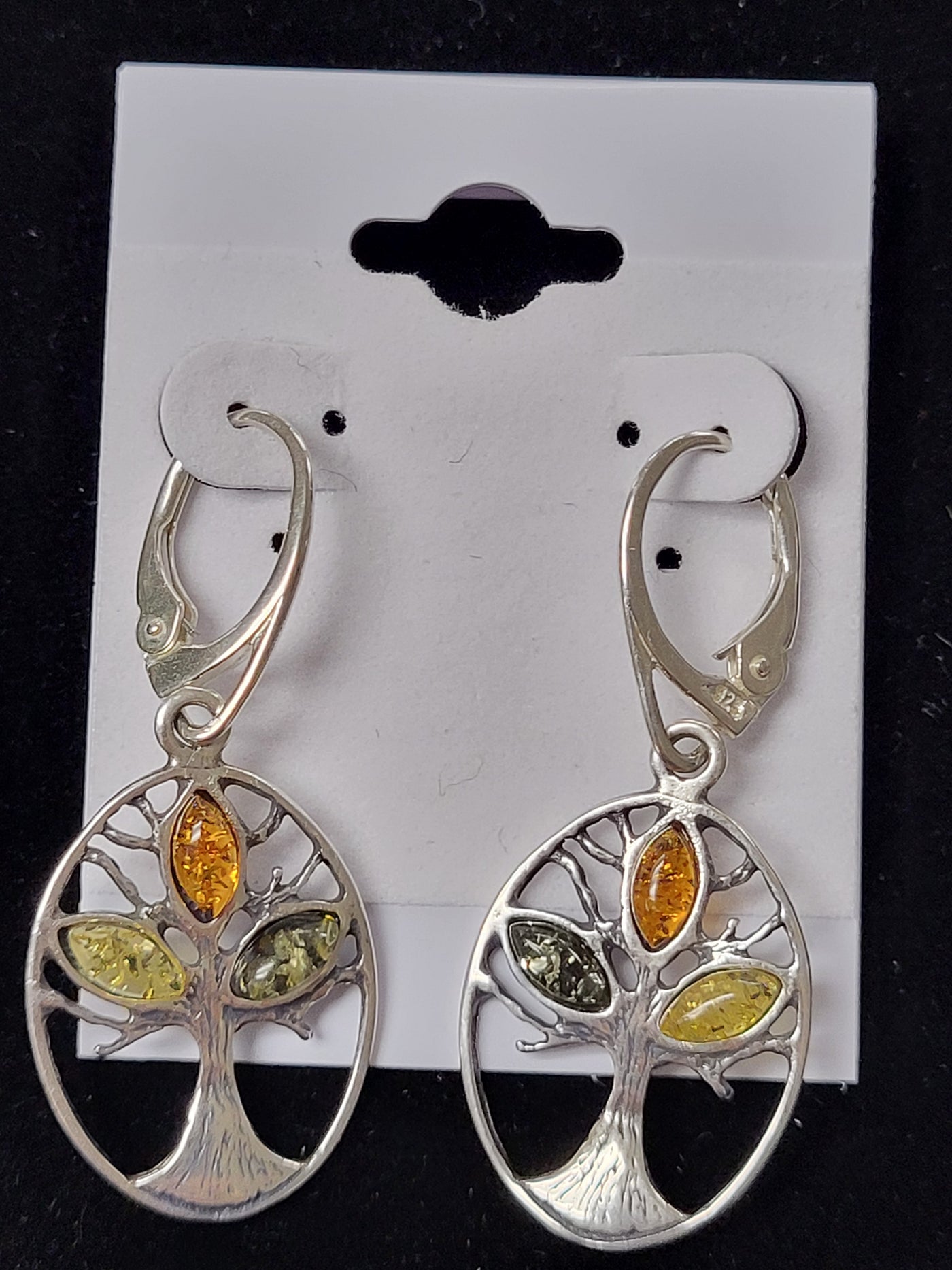 Tree of Life Tri Amber Dangle Earring Sterling Silver Oval