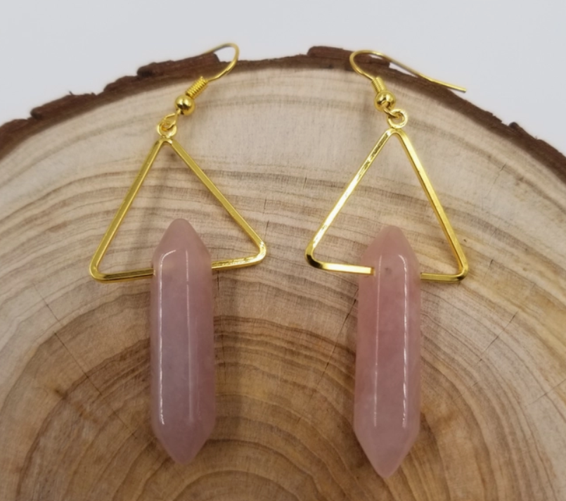 Triangle w/Rose Quartz Point Dangle Earrings