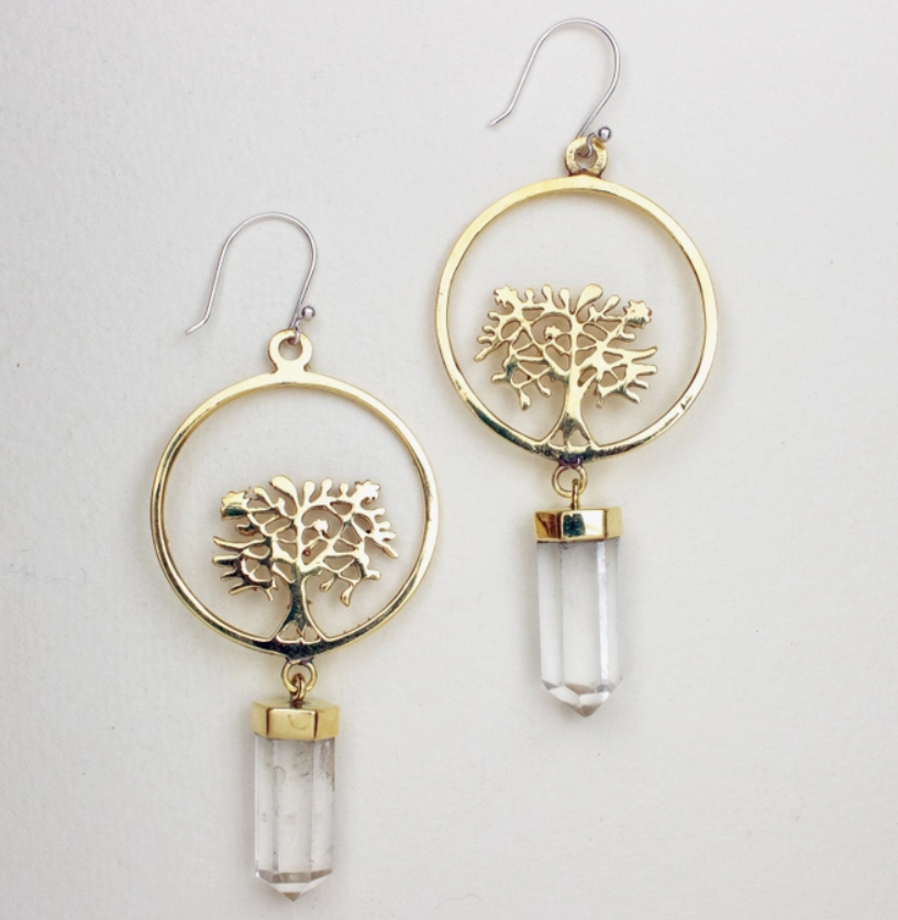 Crystal Tree of Life w/ Clear Crystal Quartz Point Dangling Earrings