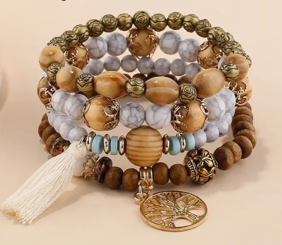 White & Wooden Beads Bracelet w/Tree of Life Charm- 4 Piece Set