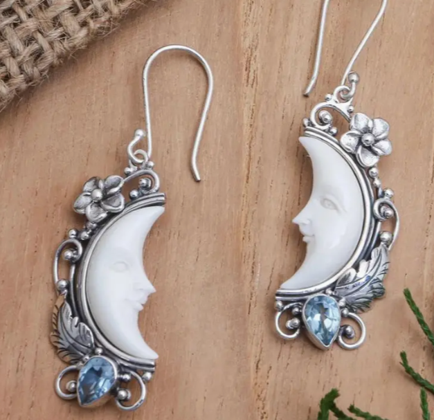 White Crescent Moon Dangle Earrings w/Blue Accents